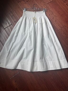 Ramy Brook White Smocked Waist A-Line Midi Skirt